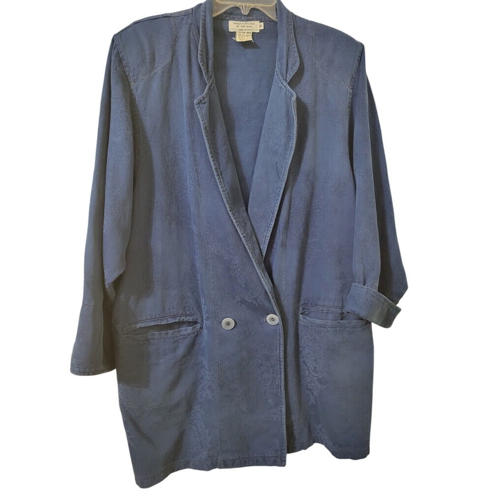 VINTAGE Retro 80s Maria Koutsikou Oversized Jacket Blue Floral Jacquard Sz M H3